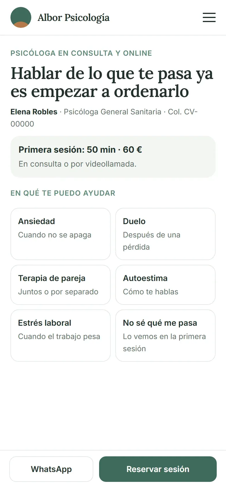Portada en el móvil con la psicóloga y su colegiado, la primera sesión con su precio, los motivos de consulta y los botones de WhatsApp y reservar fijos abajo
