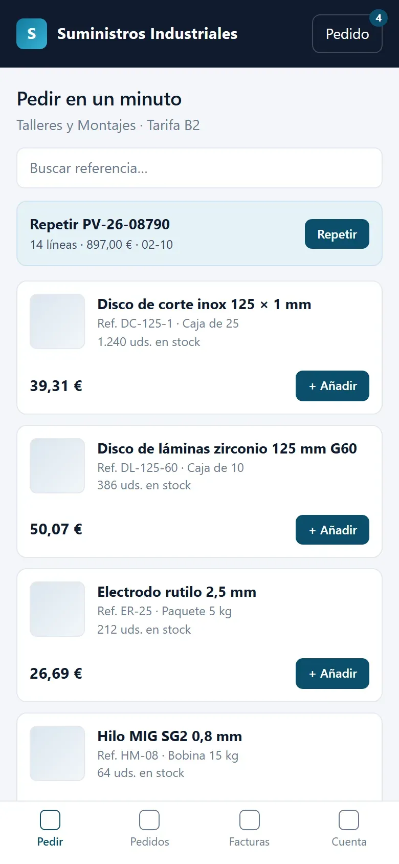 Portal de clientes B2B en el móvil: repetir un pedido y añadir referencias