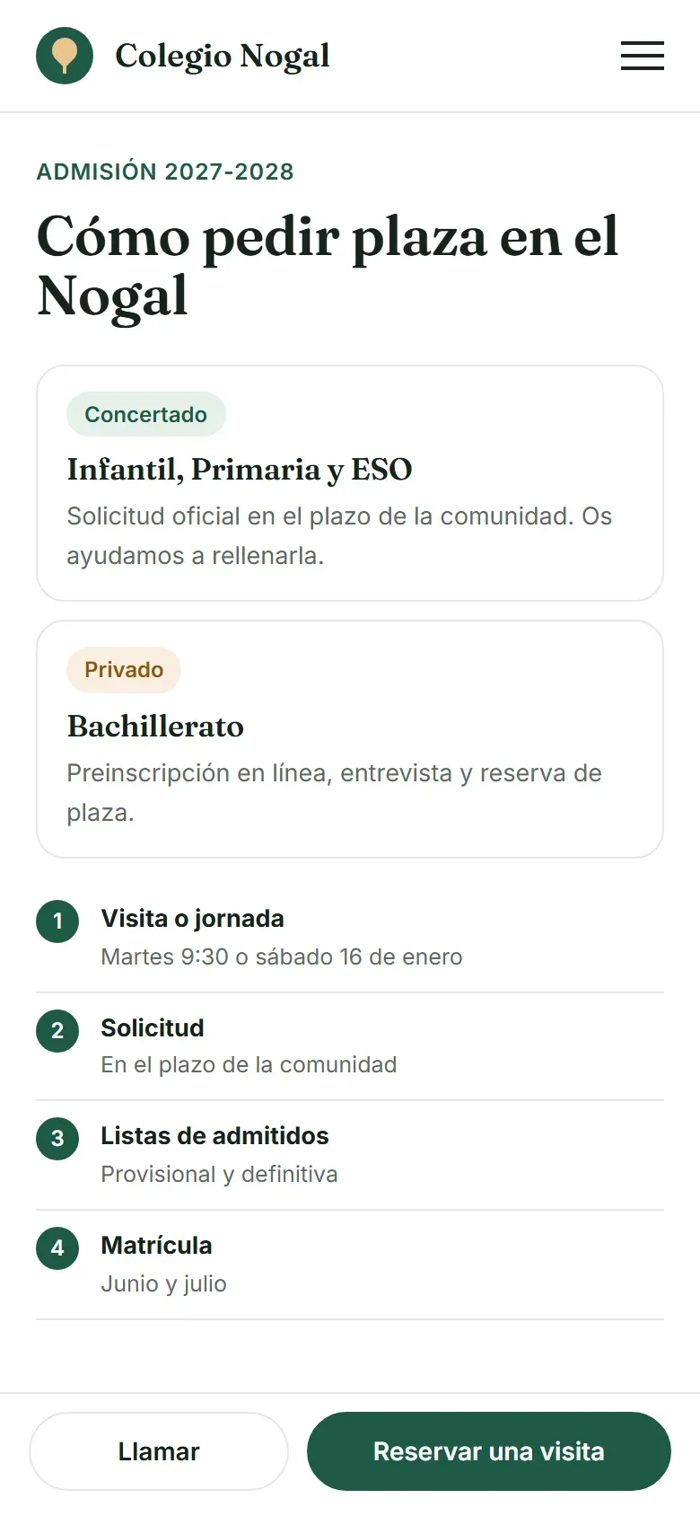 Admisión en el móvil con los dos caminos, los cuatro pasos y los botones de llamar y reservar una visita fijos abajo