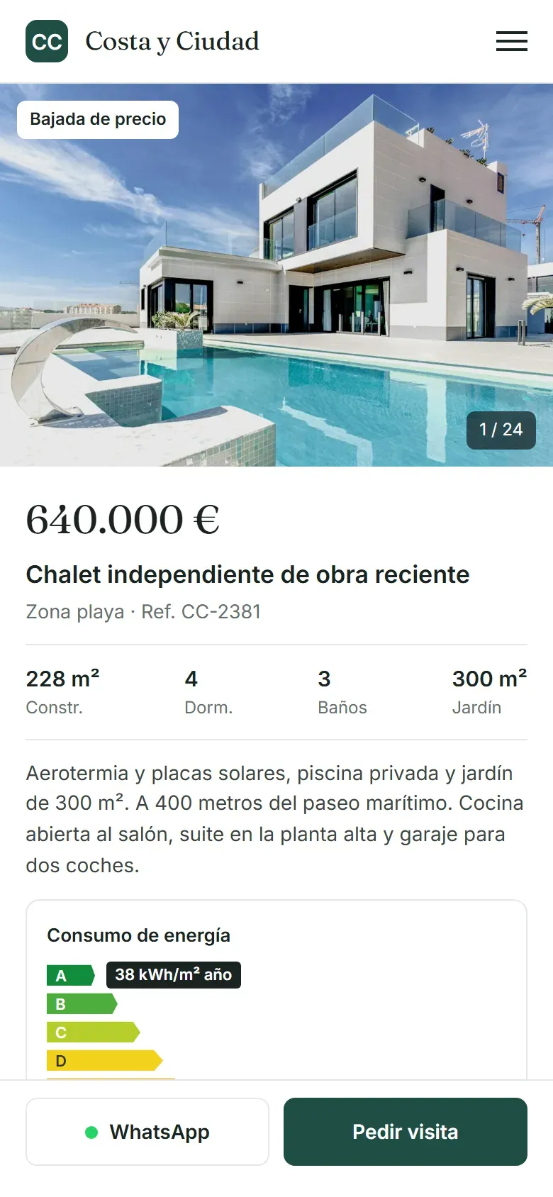 Ficha de un chalet en el móvil con la calificación energética y los botones de WhatsApp y visita fijos abajo