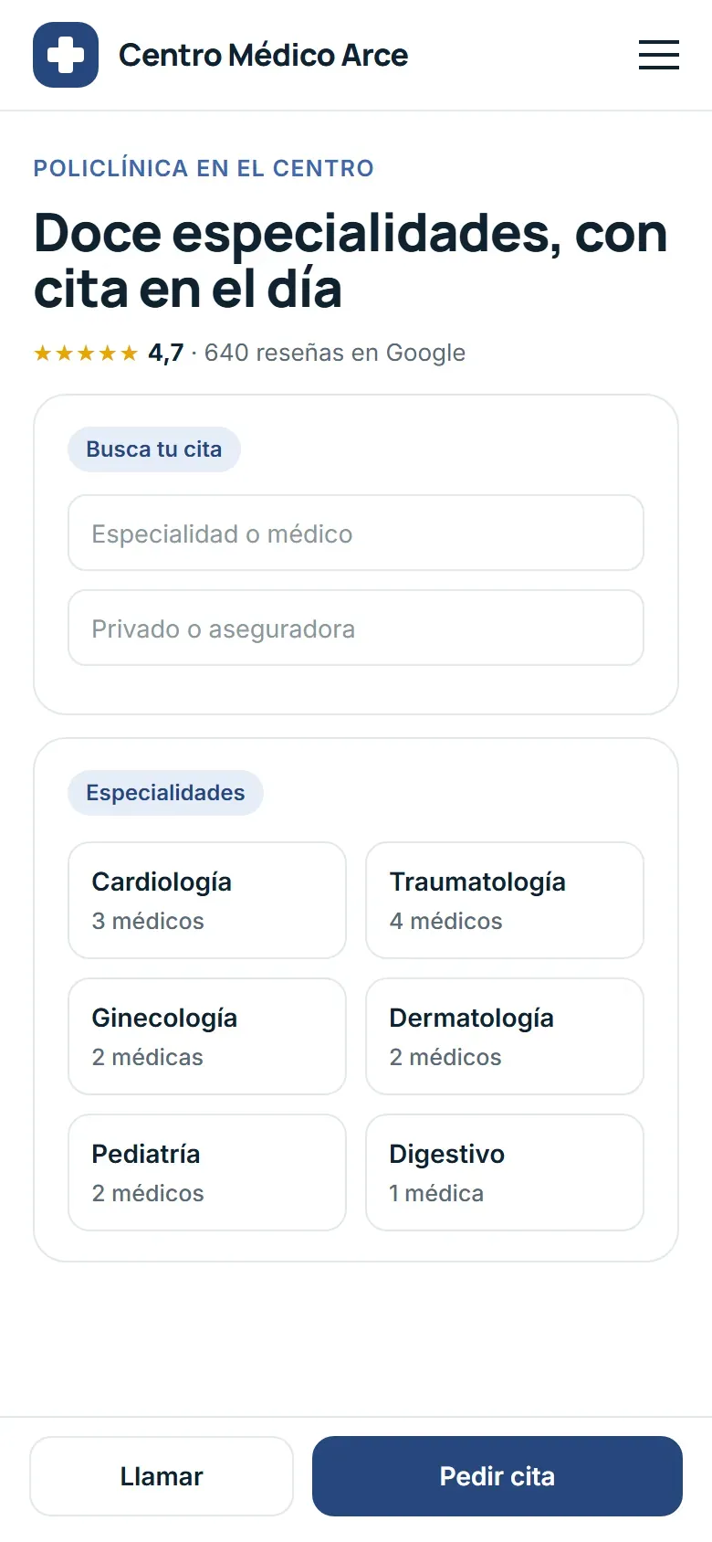 Portada en el móvil con el buscador de cita, las especialidades y los botones de llamar y pedir cita fijos abajo