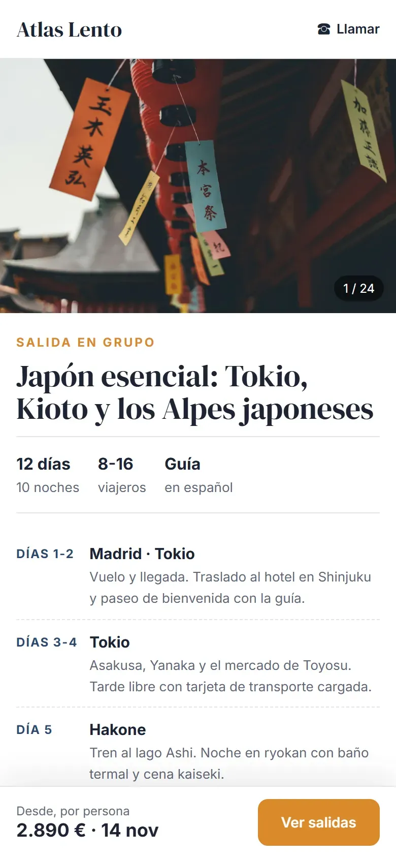 Ficha de un viaje a Japón en el móvil con el itinerario por días y la barra con el precio desde y el botón de ver salidas fija abajo