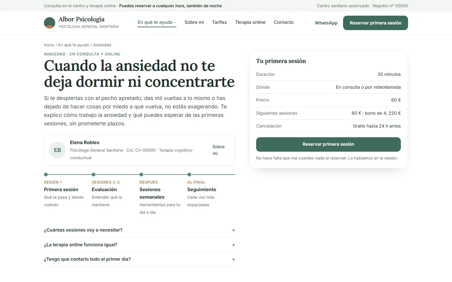 Página de ansiedad escrita con las palabras del paciente, la psicóloga que atiende con su colegiado, cómo son las primeras sesiones sin prometer plazos, sus preguntas frecuentes y la primera sesión con su duración, su precio y la cancelación