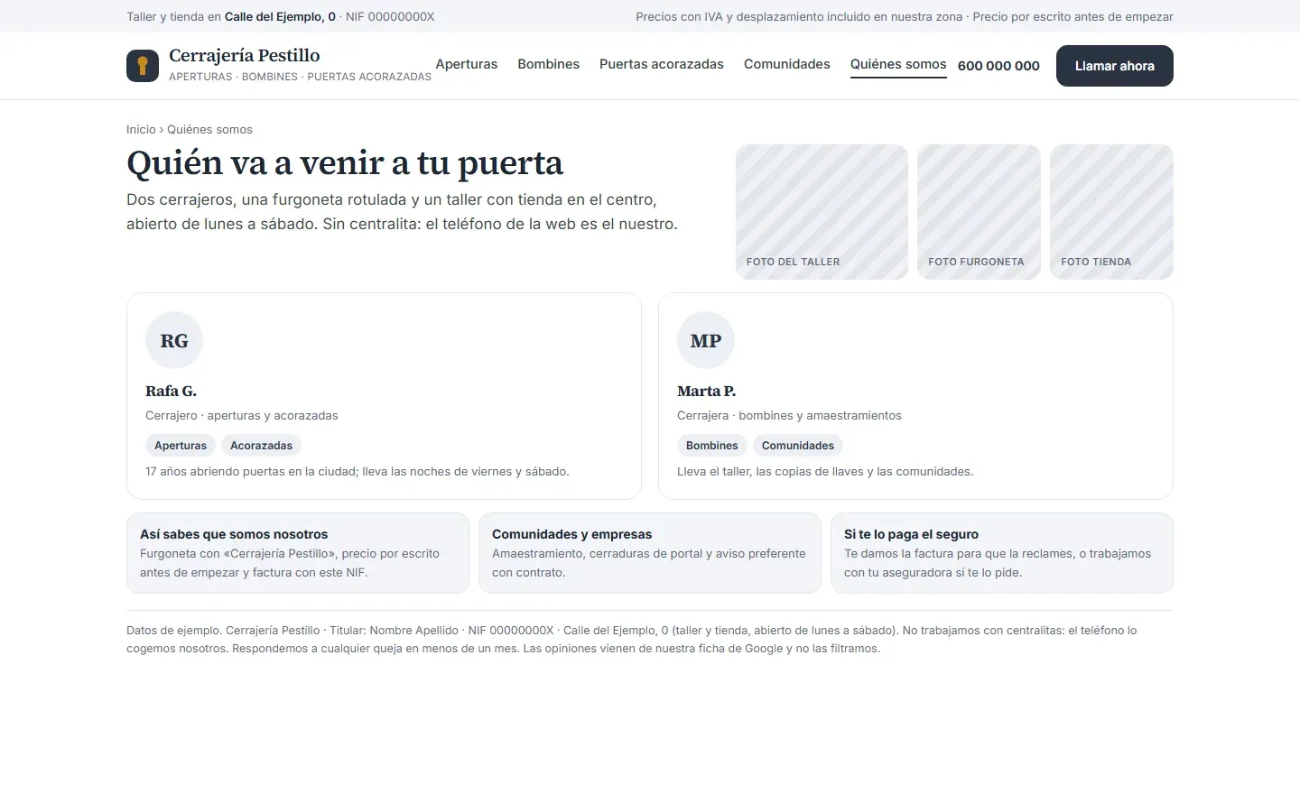 Página de quiénes somos con los dos cerrajeros y lo que lleva cada uno, los huecos para las fotos del taller, la furgoneta y la tienda, cómo reconocer que son ellos, el trabajo para comunidades y empresas y qué hacen si paga el seguro