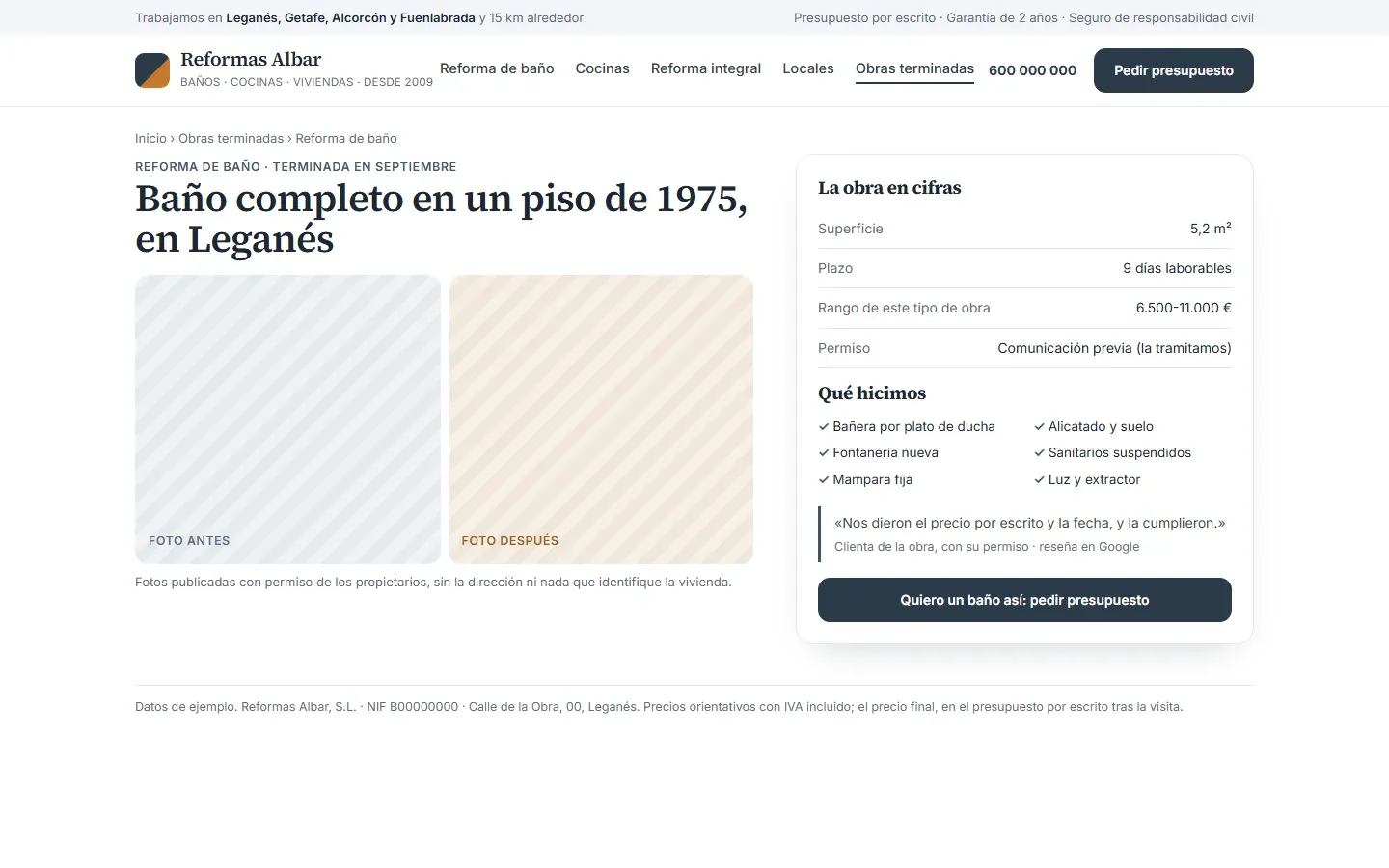 Ficha de una obra terminada: el antes y el después de un baño, la superficie, el plazo, el rango de ese tipo de obra, el permiso tramitado, lo que se hizo y la opinión de la clienta, con el aviso de que las fotos se publican con permiso y sin datos de la vivienda