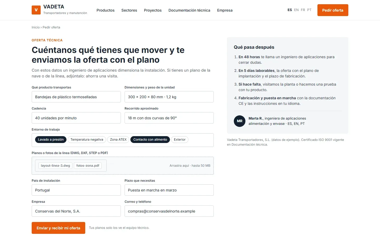 Formulario de oferta técnica con producto, cadencia, recorrido, entorno, planos adjuntos en DWG y PDF, país y plazo, y los pasos que siguen al envío