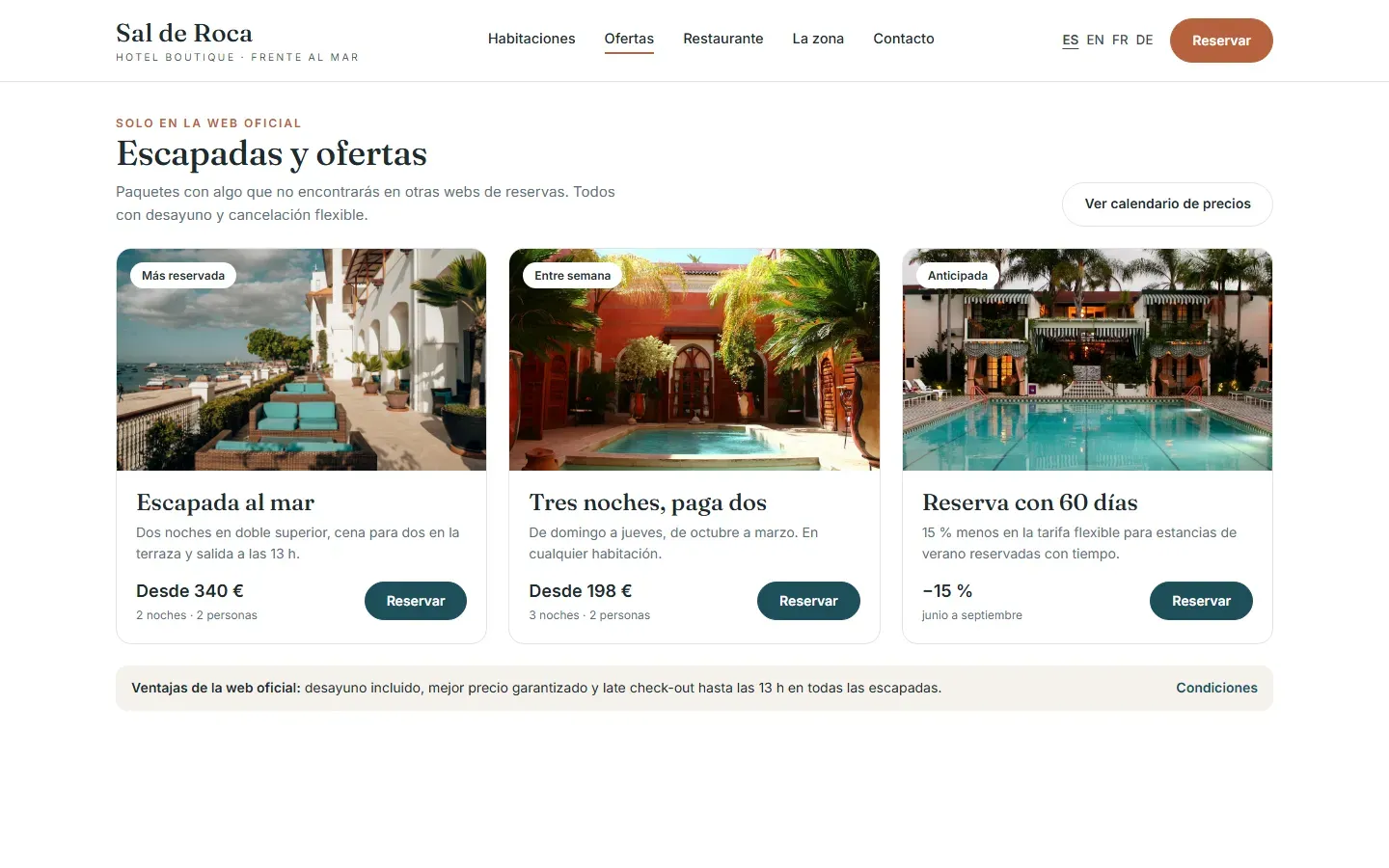Página de escapadas y ofertas que solo se venden en la web oficial del hotel, con su precio desde y botón de reservar