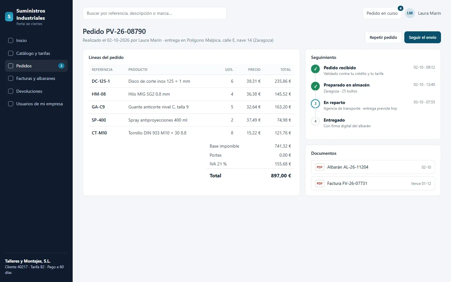 Portal de clientes B2B: líneas de un pedido, seguimiento del envío, albarán y factura