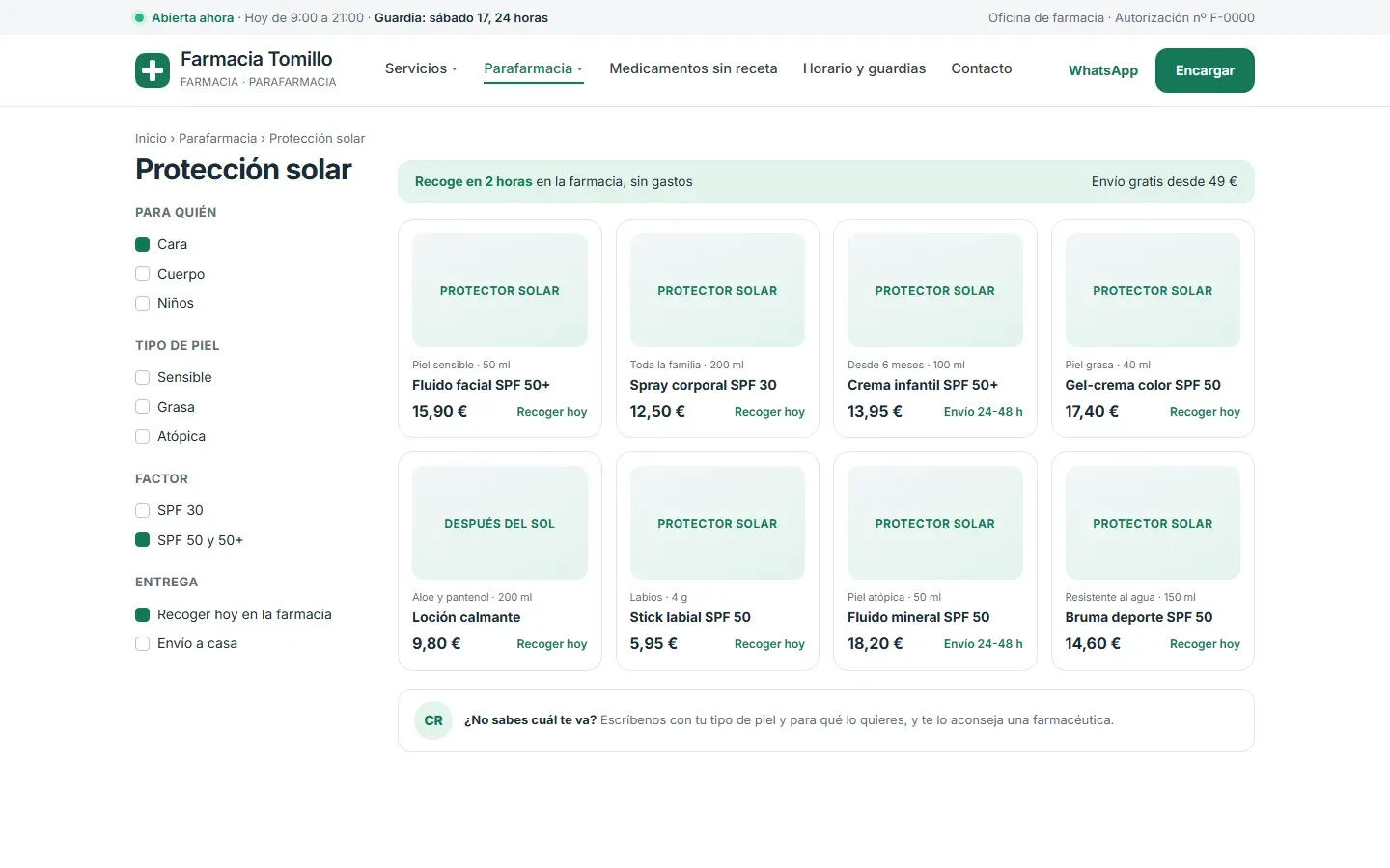 Categoría de protección solar de la parafarmacia con filtros por zona, tipo de piel, factor y entrega, recogida en la farmacia en dos horas, precios y el consejo de una farmacéutica