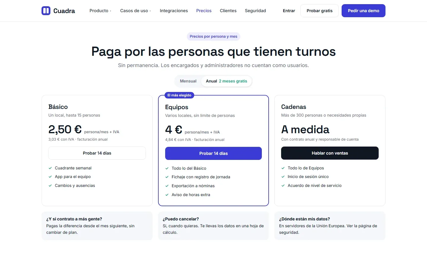 Página de precios por persona y mes con tres planes, el precio con y sin IVA, el conmutador mensual o anual y qué pasa si contratas a más gente o cancelas
