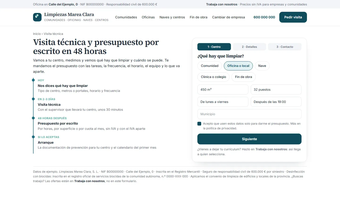 Formulario de visita técnica por pasos con el tipo de centro, los metros, los puestos, los días y el horario, y el calendario de lo que pasa hasta el presupuesto por escrito y el arranque del servicio