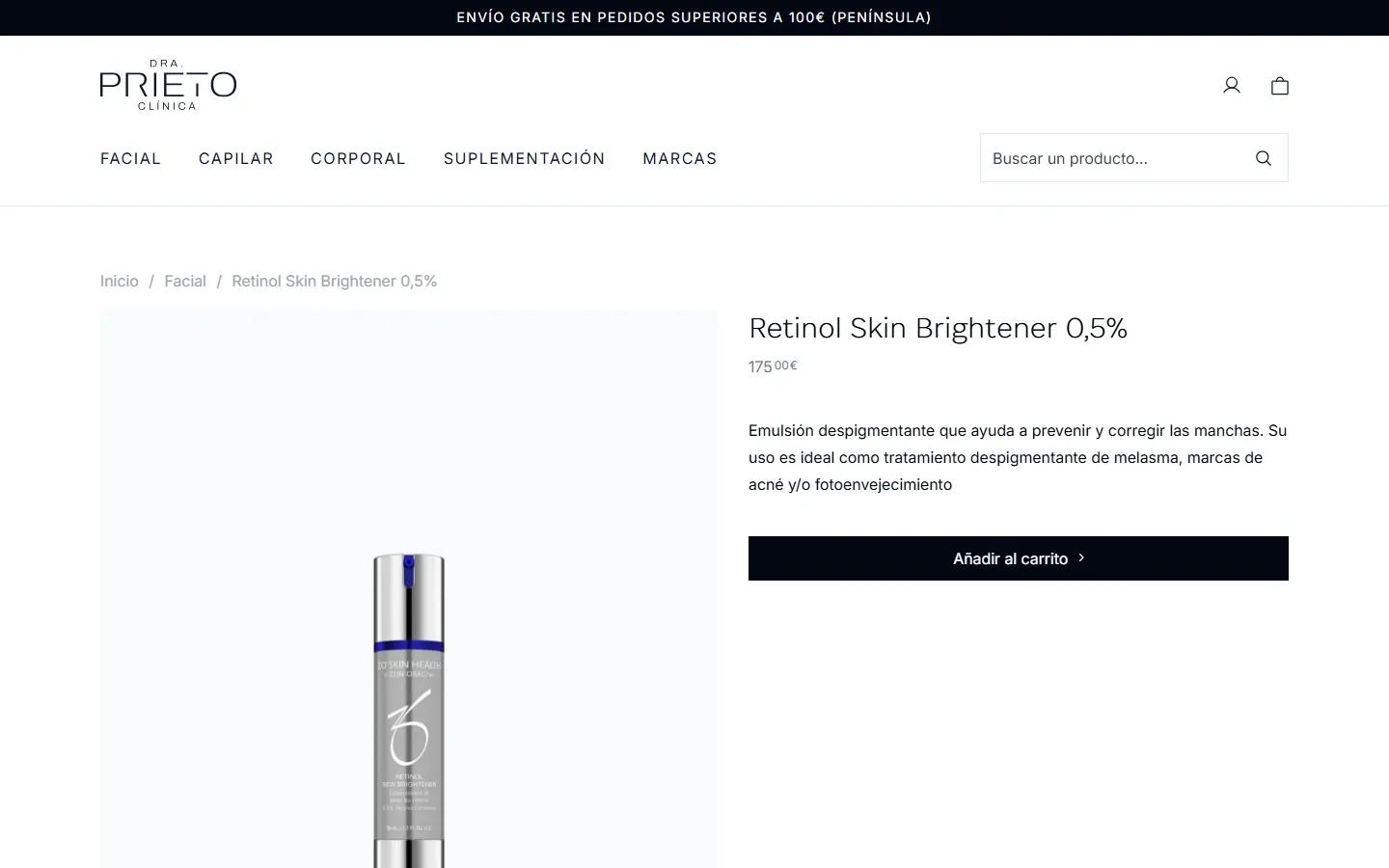 Ficha de producto de la tienda online de Dra. Prieto con precio y botón de compra