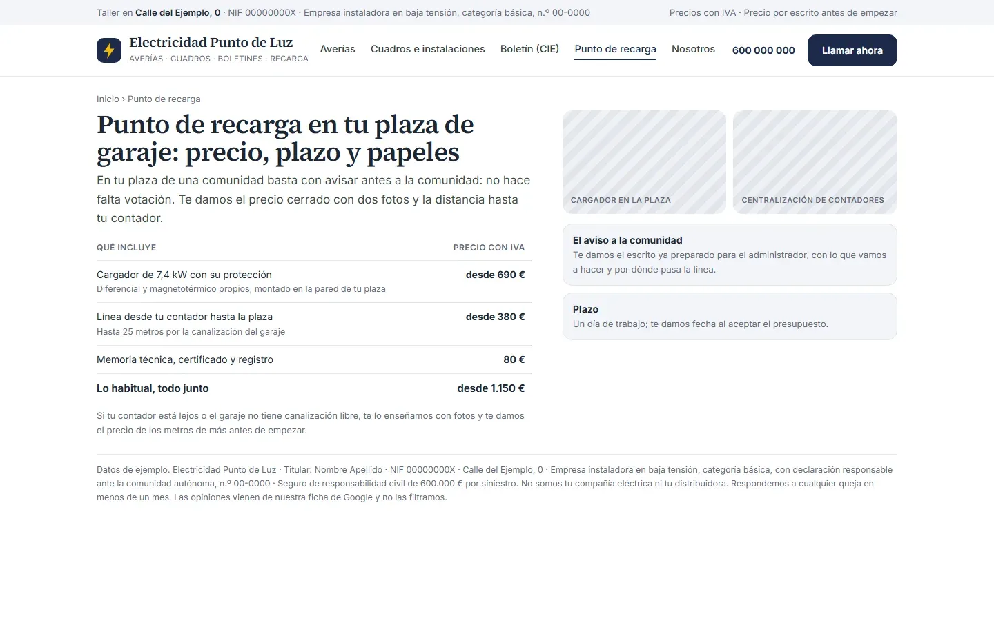 Página del punto de recarga en una plaza de garaje con el precio desglosado del cargador, la línea desde el contador y el certificado, el total habitual, el aviso previo a la comunidad, el plazo de un día y los huecos para las fotos de la plaza y de la centralización de contadores