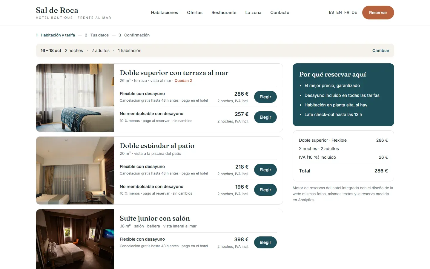 Paso de reserva con las habitaciones disponibles, tarifa flexible y no reembolsable, el precio total con IVA y las ventajas de reservar directo