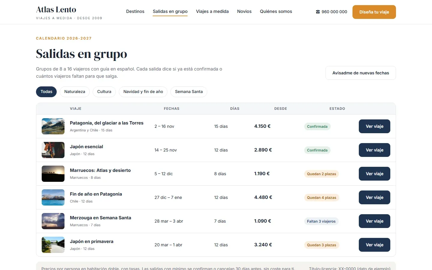 Calendario de salidas en grupo con fechas, días, precio desde y estado de cada salida: confirmada, últimas plazas o viajeros que faltan