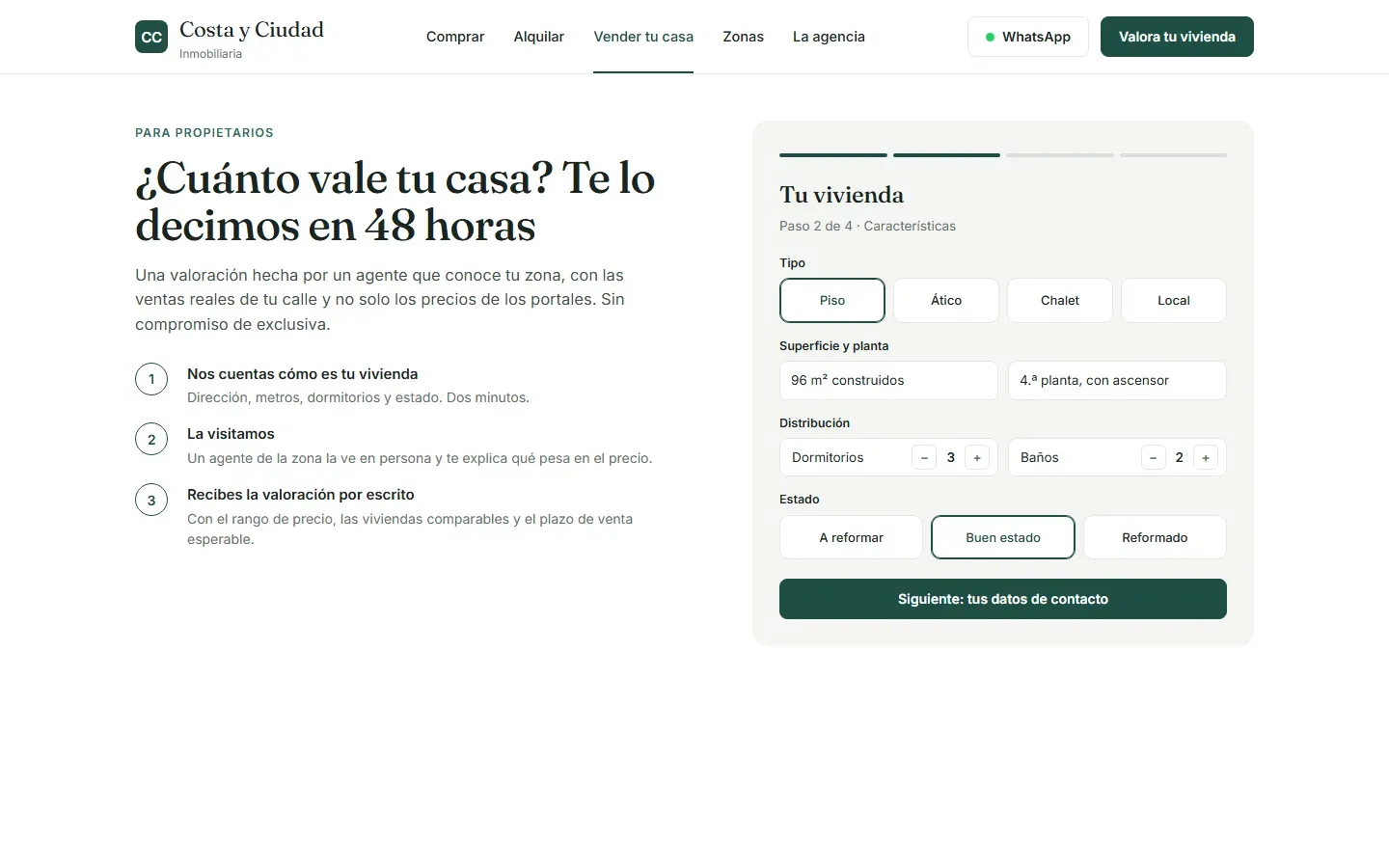 Página para propietarios con el formulario de valoración de la vivienda en cuatro pasos