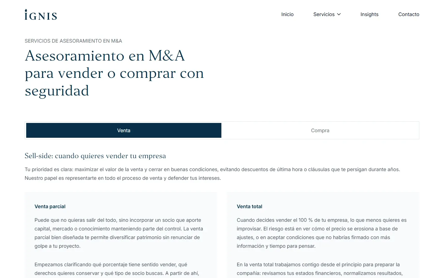 Página de servicio de compraventa de empresas de Ignis Partners, con venta y compra separadas