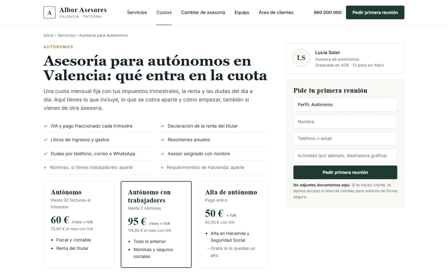 Página «Asesoría para autónomos» con lo que entra en la cuota y lo que se cobra aparte, tres cuotas con y sin IVA, la asesora responsable y el formulario de primera reunión
