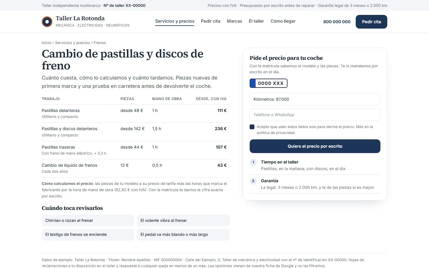 Página del cambio de pastillas y discos de freno con una tabla de piezas, horas y precio final con IVA por trabajo, cómo se calcula el precio, las señales de que toca revisarlos y el formulario para pedir el precio por escrito con la matrícula y los kilómetros