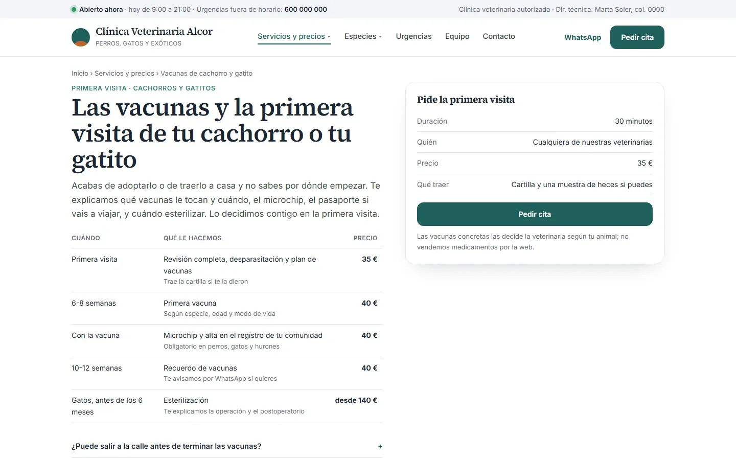 Página de vacunas de cachorro y gatito con el calendario de la primera visita, las vacunas, el microchip obligatorio y la esterilización de los gatos, cada paso con su precio y sin nombrar ningún medicamento