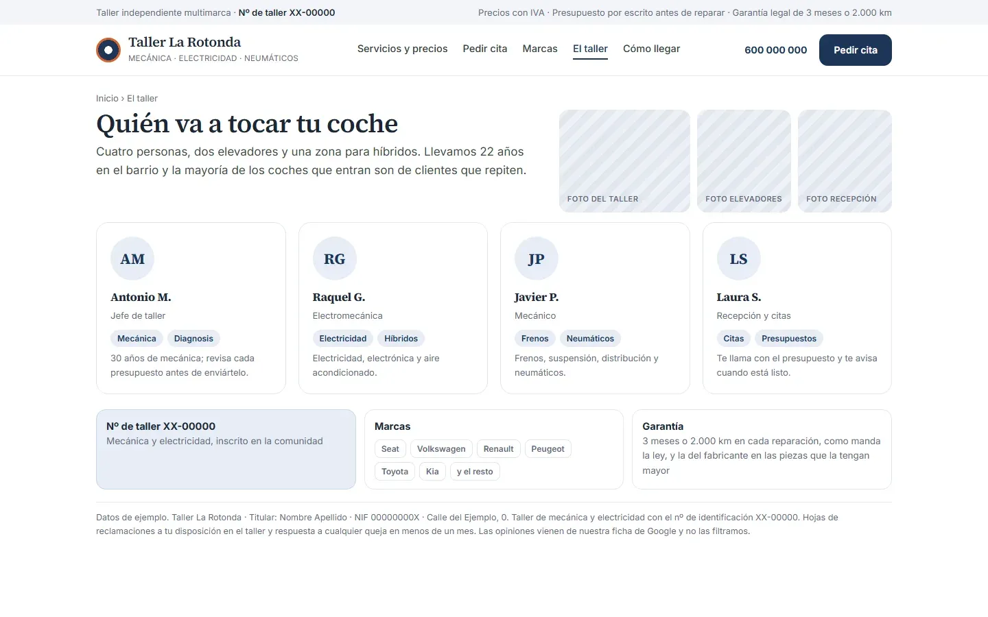 Página del taller con el equipo, la especialidad de cada uno, el número de identificación del taller, las marcas que repara sin ser servicio oficial y la garantía legal de tres meses o 2.000 kilómetros