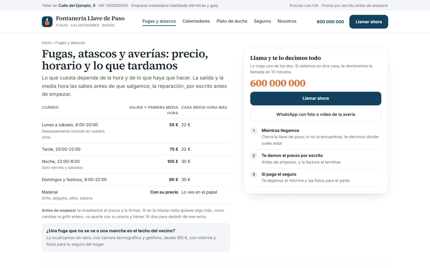 Página de fugas y atascos con una tabla de salida y media hora por franja horaria, el material aparte con su precio, el precio por escrito antes de empezar, el extra que va aparte y tiene desistimiento, la localización de fugas sin obra con informe para el seguro y la llamada y el WhatsApp