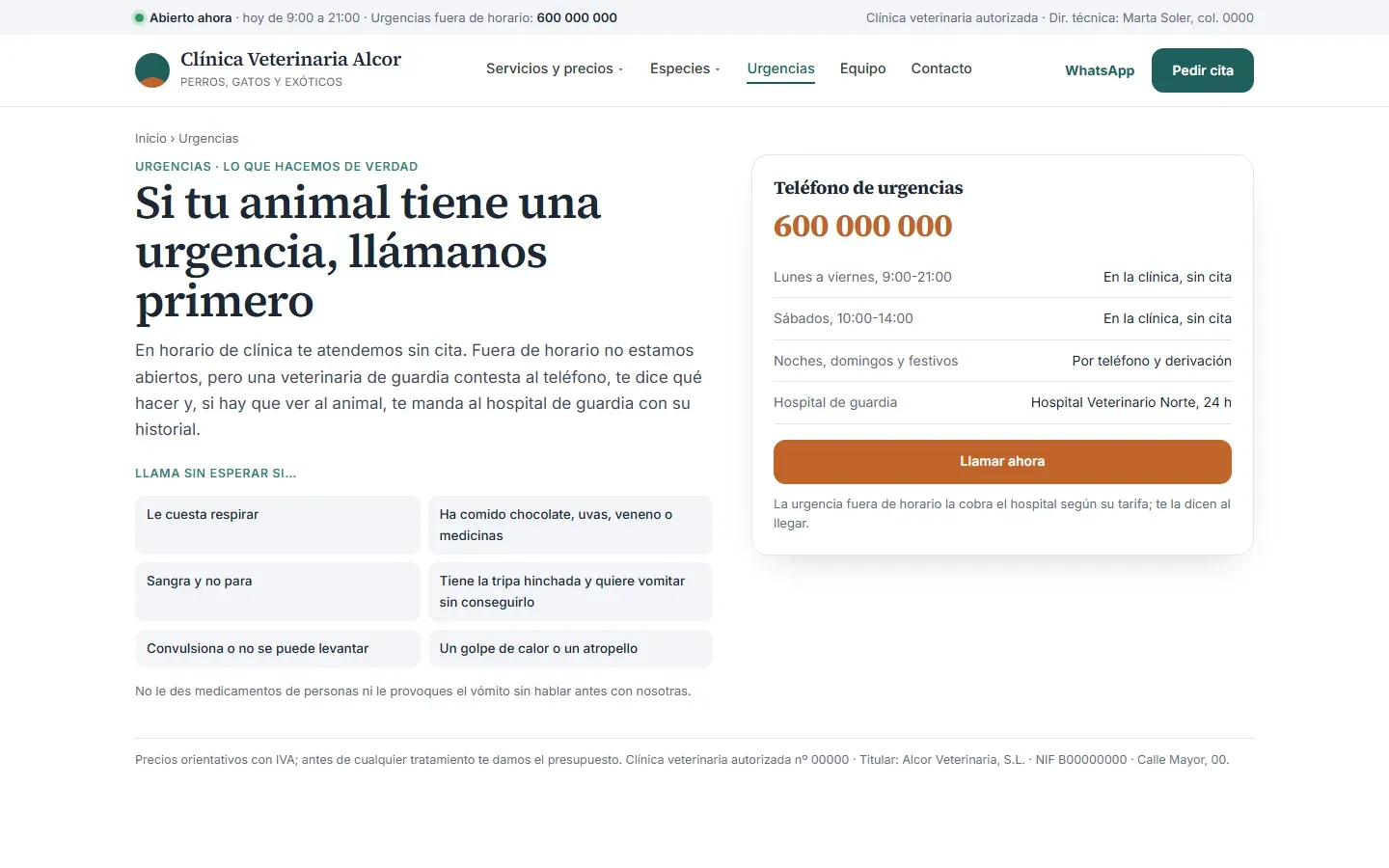 Página de urgencias que dice qué hace la clínica en horario y qué pasa de noche, el teléfono de guardia, el hospital veterinario 24 horas al que deriva y las señales por las que hay que llamar sin esperar