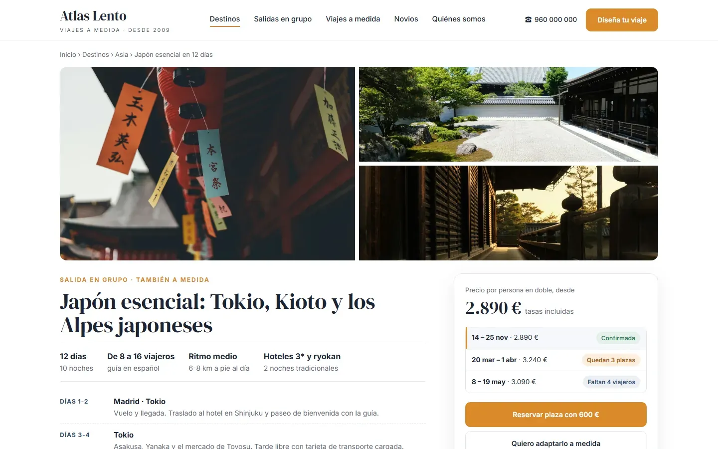 Ficha del viaje Japón esencial con galería, itinerario día a día, precio final por persona con tasas y las fechas de salida con su estado