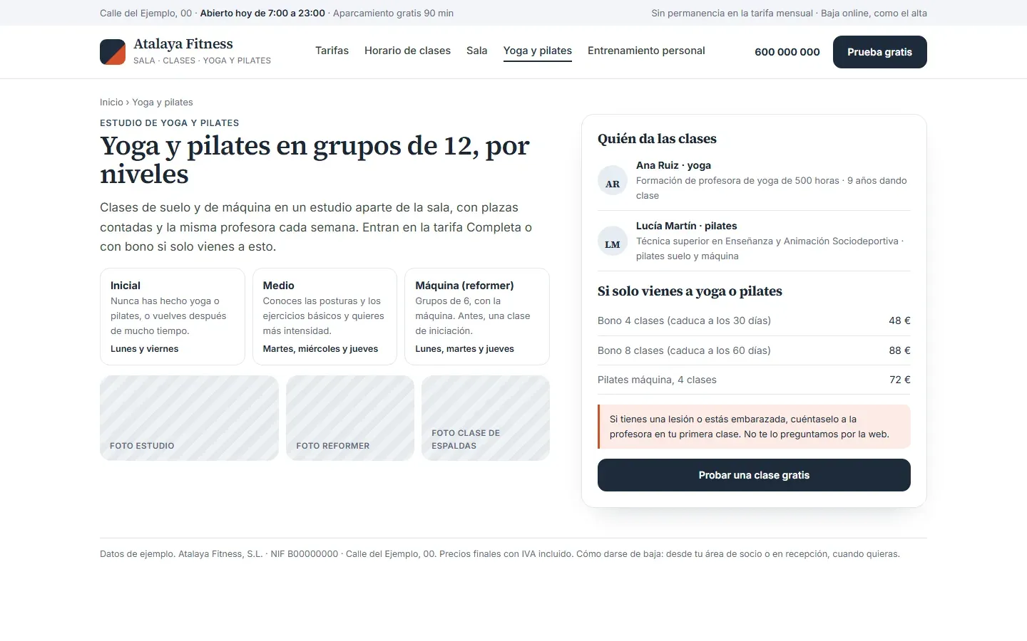 Página de yoga y pilates con los niveles inicial, medio y máquina y sus días, quién da las clases con su formación, los bonos de clases con su precio y su caducidad, y el aviso de que una lesión o un embarazo se cuentan en la primera clase y no por la web