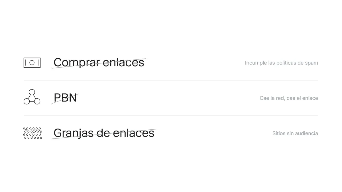 Prácticas de link building tachadas (comprar enlaces, PBN y granjas de enlaces) que pueden provocar una penalización de Google