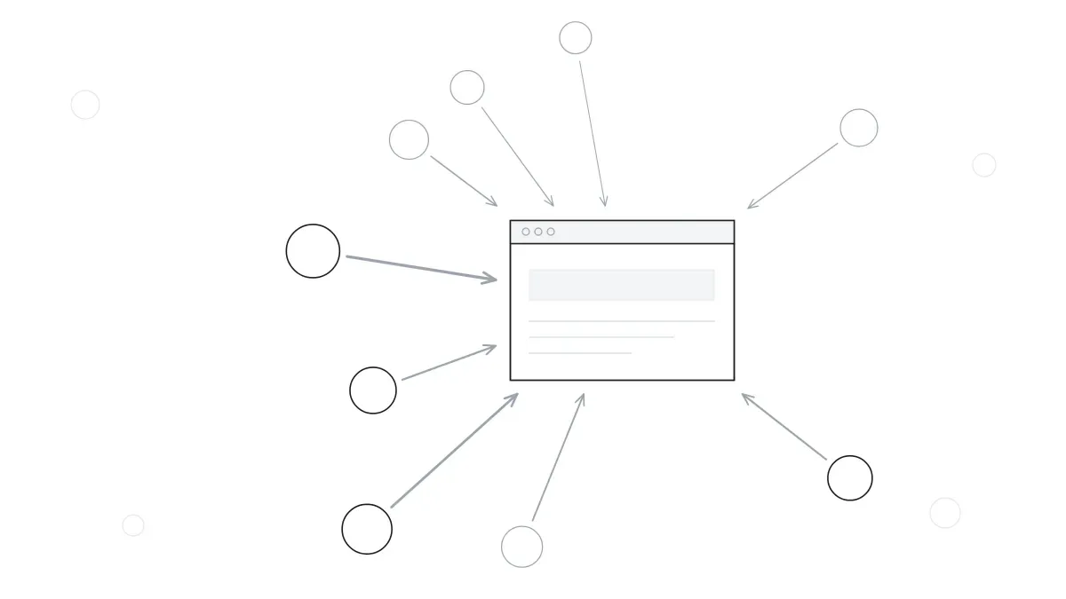 Ilustración de una red de enlaces apuntando a una web central que representa cómo conseguir backlinks