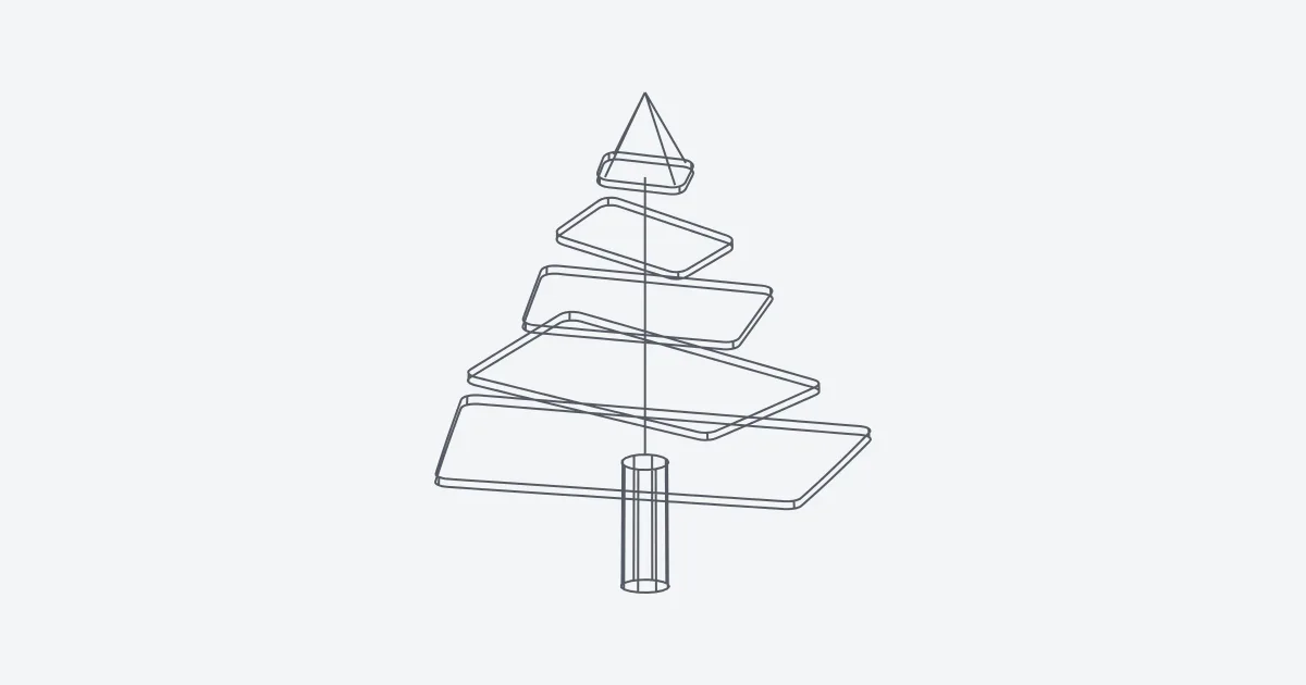 Un árbol de hoja perenne en 3D cuya copa son artículos apilados