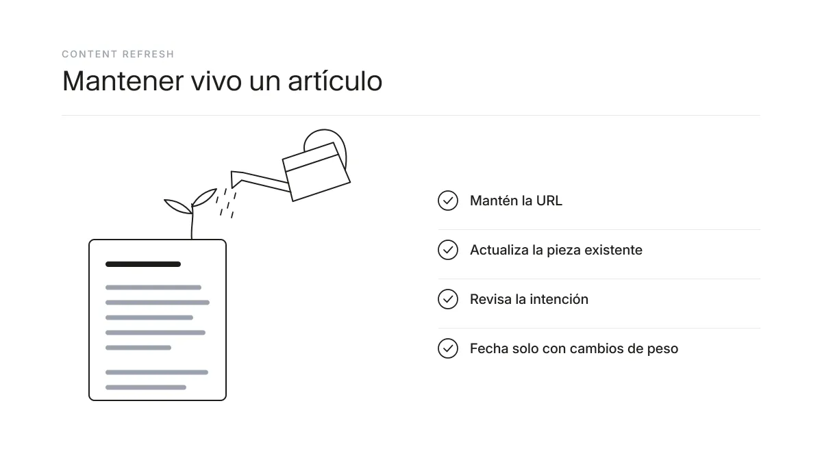 Ilustración de un artículo que se riega como una planta, metáfora del content refresh del contenido evergreen