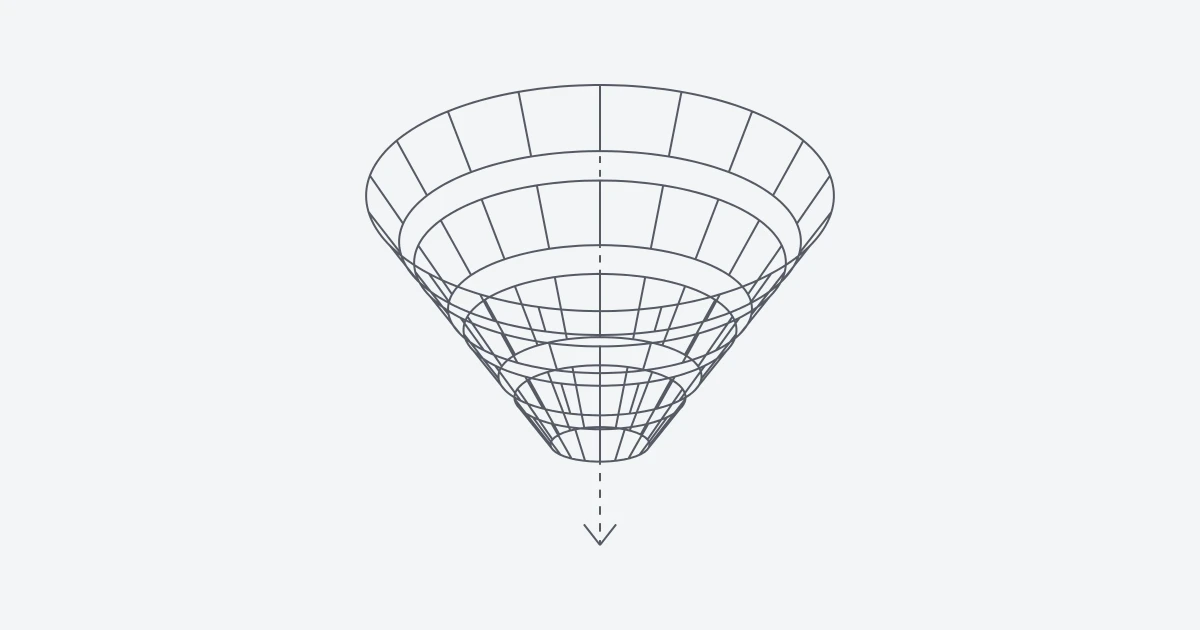 Embudo de conversión en 3D de cuatro etapas con una flecha de salida
