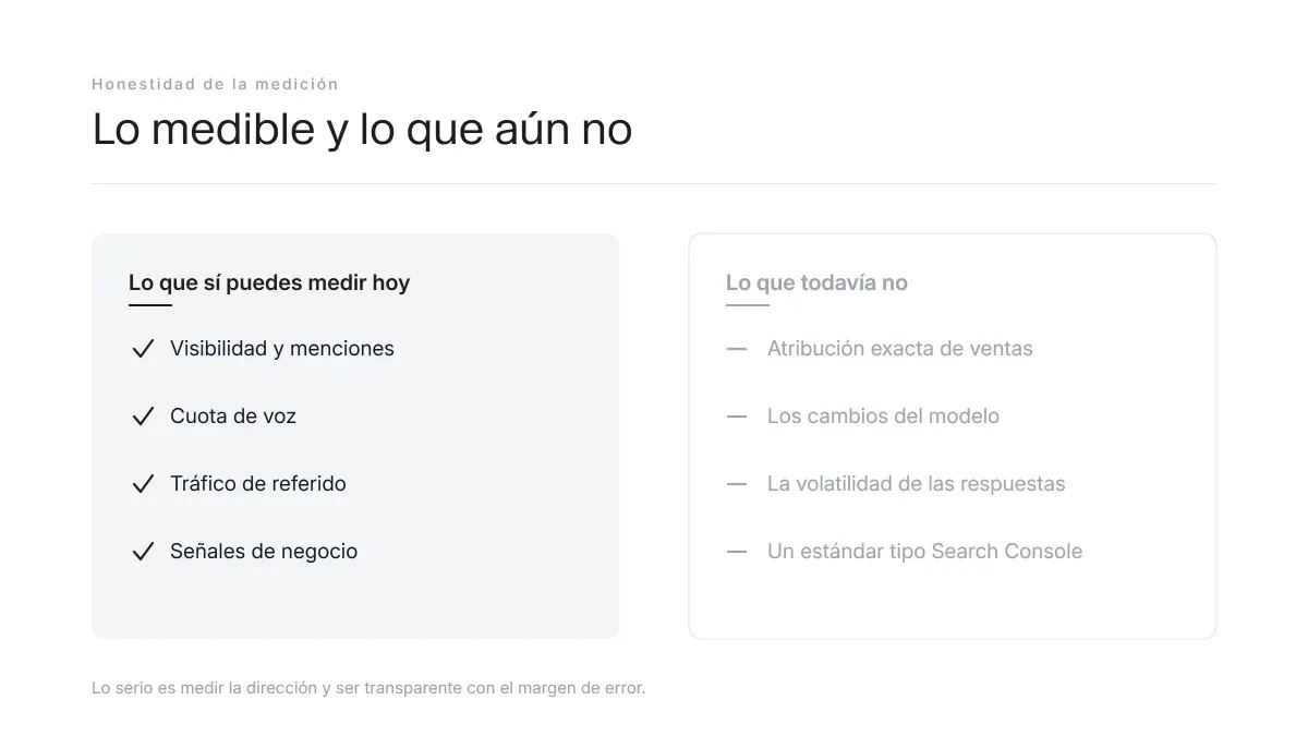 Comparativa entre lo que hoy se puede medir en GEO y lo que todavía no: atribución exacta, caja negra del modelo y volatilidad de las respuestas.