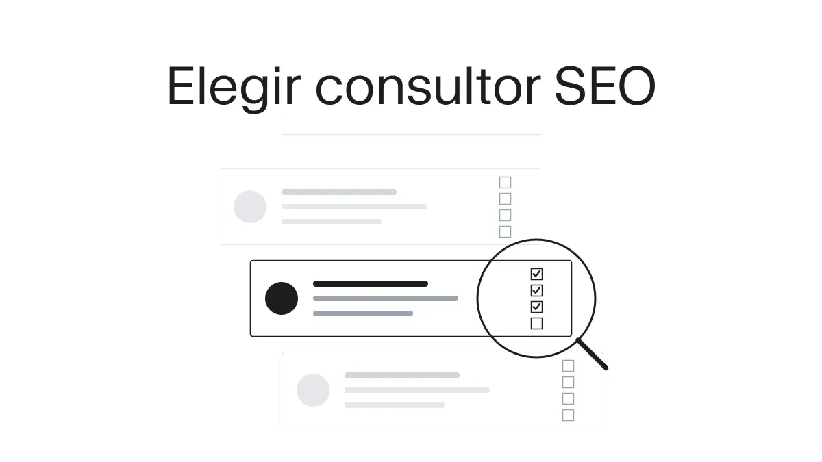 Ilustración de una lupa evaluando perfiles de consultores SEO por criterios