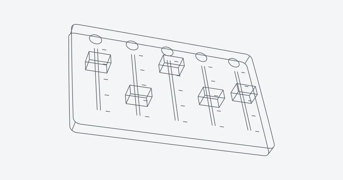 Una mesa de mezclas en 3D con cada fader a un nivel distinto