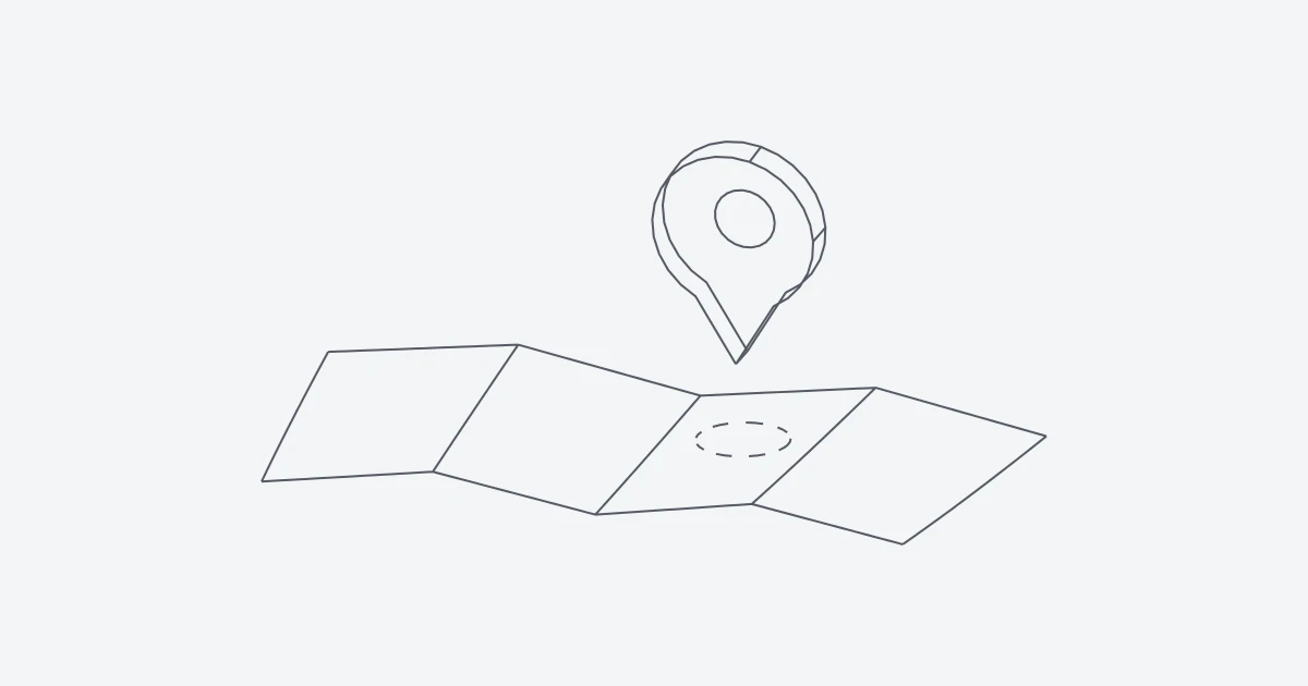 Pin de mapa en 3D flotando sobre un mapa plegado con su sitio vacío