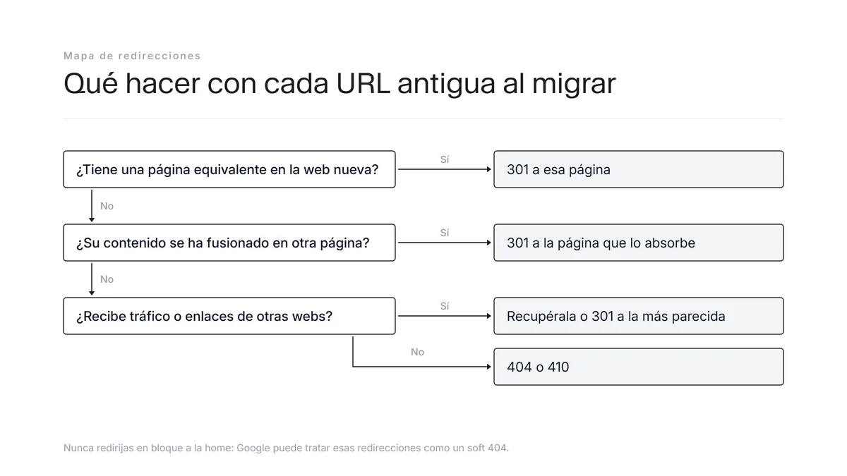 Árbol de decisión para elegir la respuesta de cada URL antigua en una migración: 301 a su equivalente, 301 a la página que la absorbe, recuperar el contenido o responder 404 o 410
