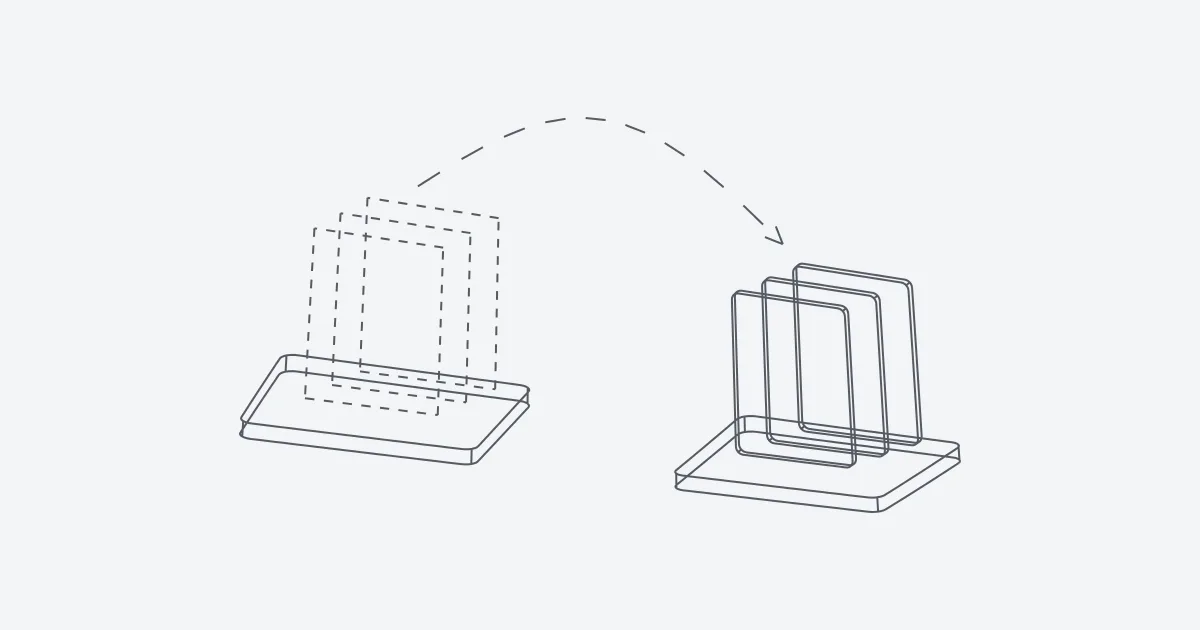 Una pila de páginas en líneas discontinuas sobre una plataforma y la misma pila en 3D sobre otra, unidas por un arco discontinuo que marca el traslado