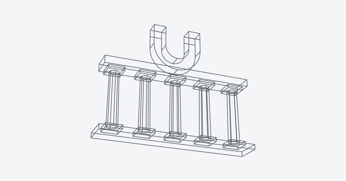 Cinco columnas en 3D que sostienen un dintel con un imán encima
