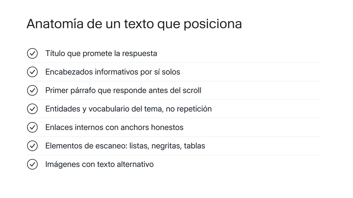 Diagrama de las capas de un texto optimizado: intención, estructura de encabezados, entidades y enlaces internos