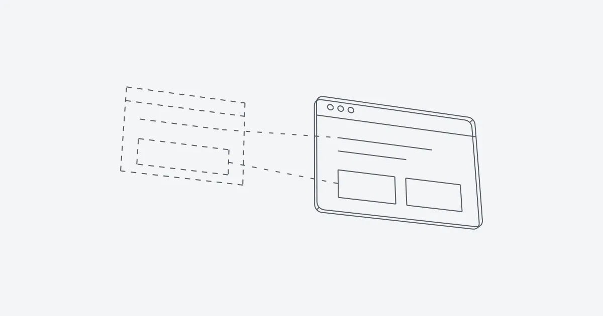 Una página web antigua en líneas discontinuas y la nueva en 3D, unidas por líneas que llevan cada bloque a su sitio