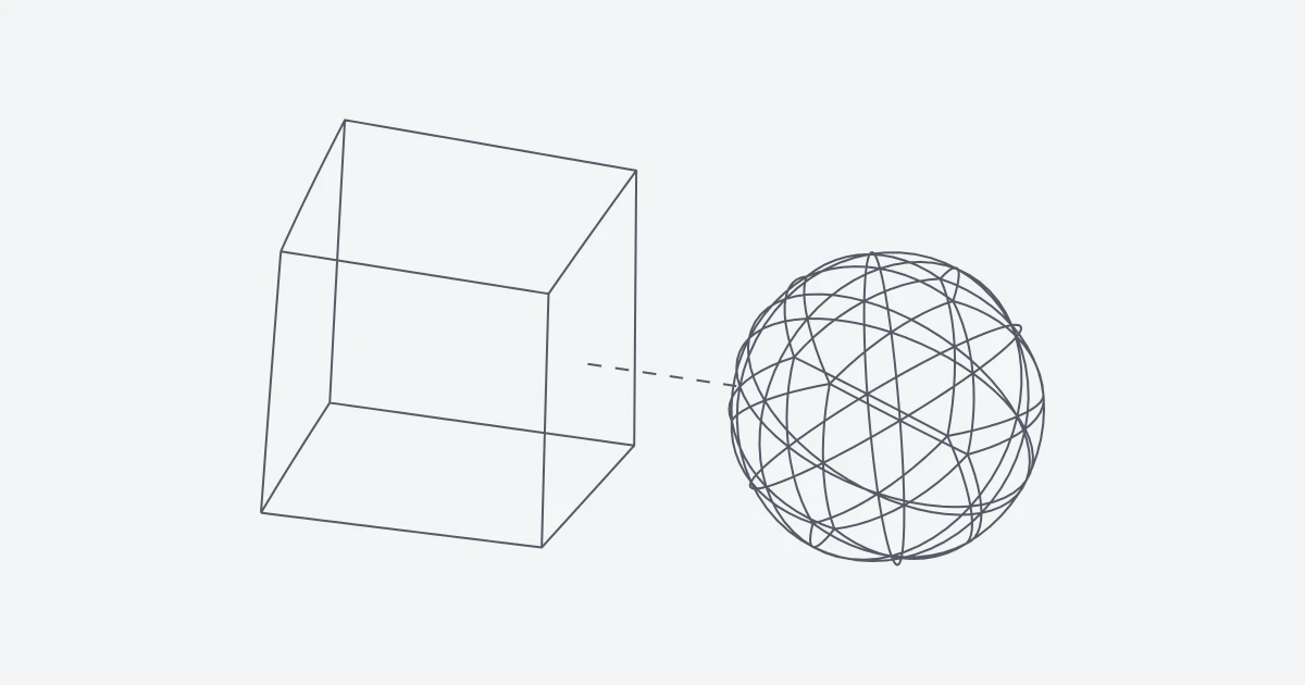 Un cubo y una esfera geodésica en 3D, uno junto al otro