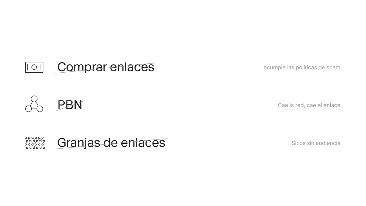 Prácticas de link building tachadas (comprar enlaces, PBN y granjas de enlaces) que pueden provocar una penalización de Google