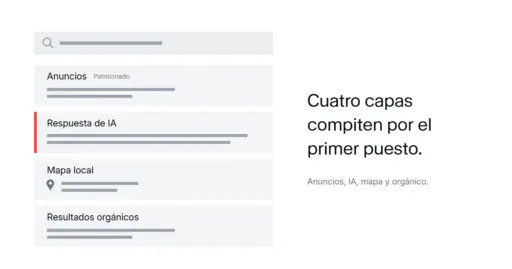 Página de resultados de Google dividida en capas: anuncios, respuesta de IA, mapa local y resultados orgánicos