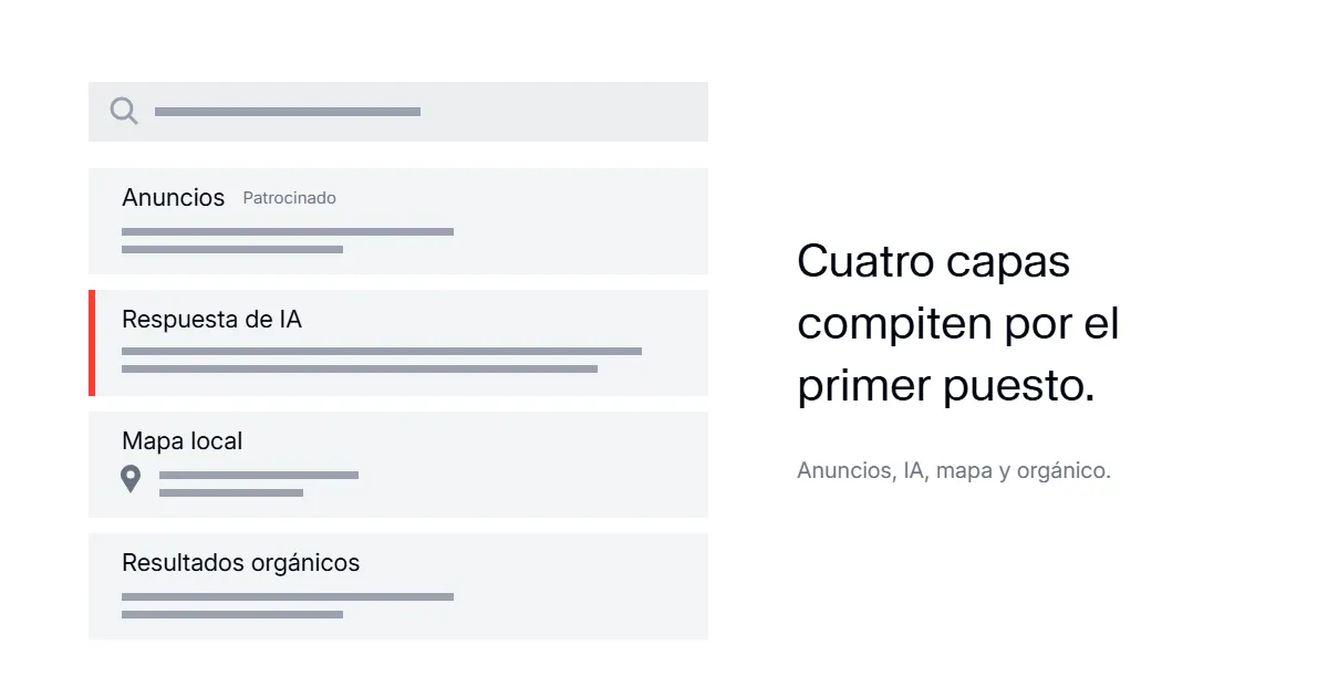 Página de resultados de Google dividida en capas: anuncios, respuesta de IA, mapa local y resultados orgánicos