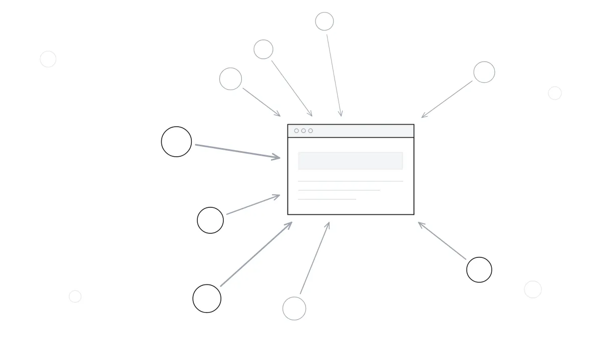 Ilustración de una red de enlaces apuntando a una web central que representa cómo conseguir backlinks