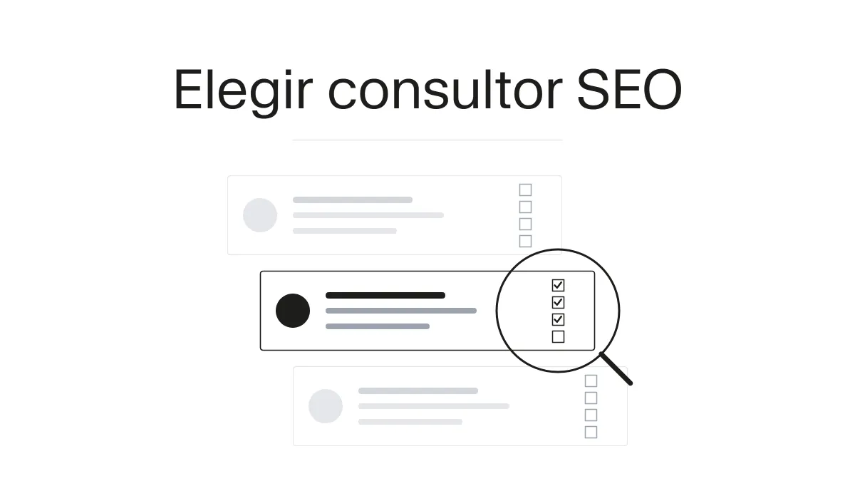 Ilustración de una lupa evaluando perfiles de consultores SEO por criterios
