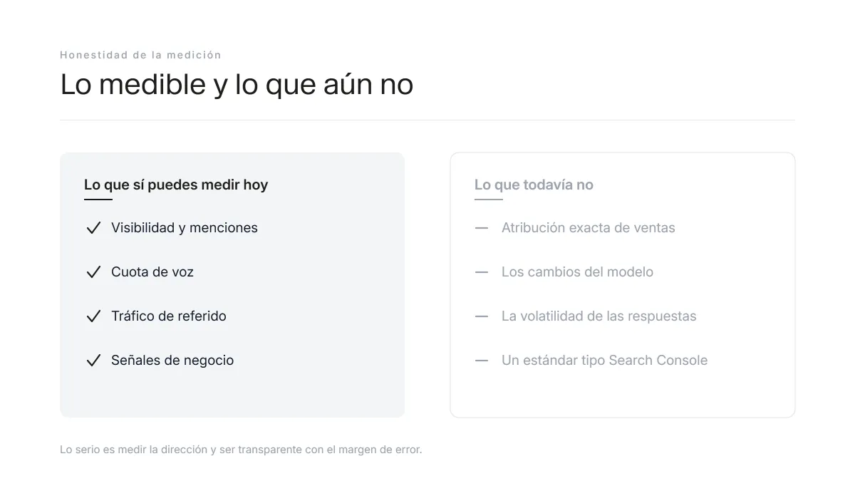 Comparativa entre lo que hoy se puede medir en GEO y lo que todavía no: atribución exacta, caja negra del modelo y volatilidad de las respuestas.
